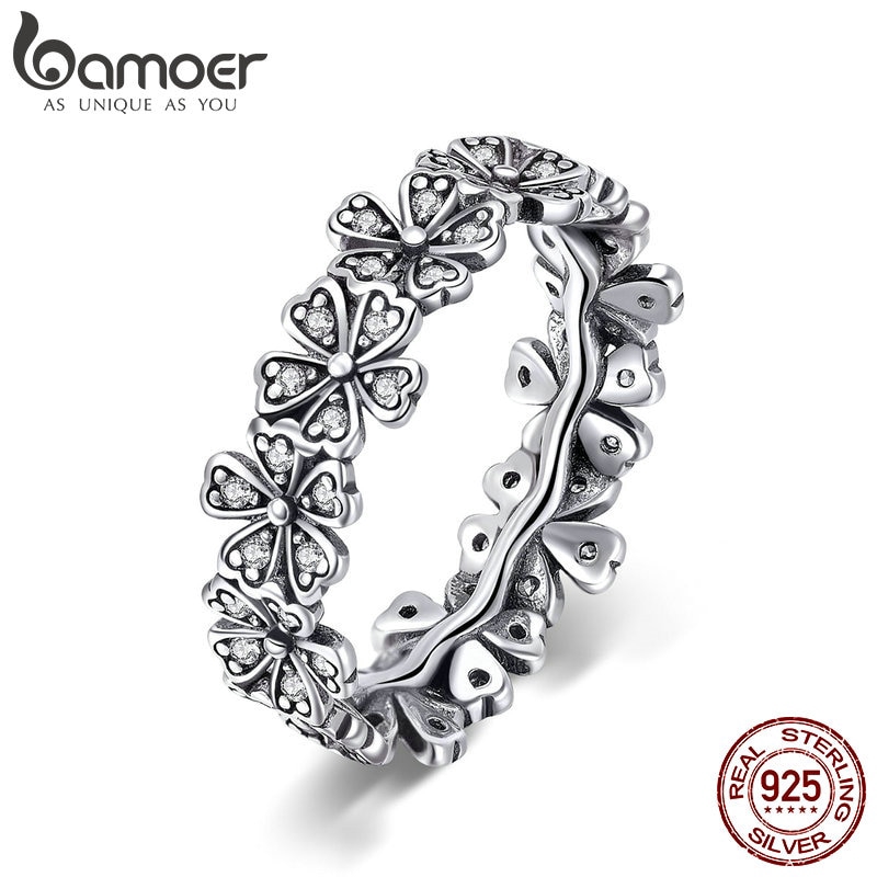 Bamoer 925 Real Silver Stackable Daisy Flower Anéis De Dedo Para Mulheres Sterling Jóias De Casamento SCR397 - Fashion Accessories