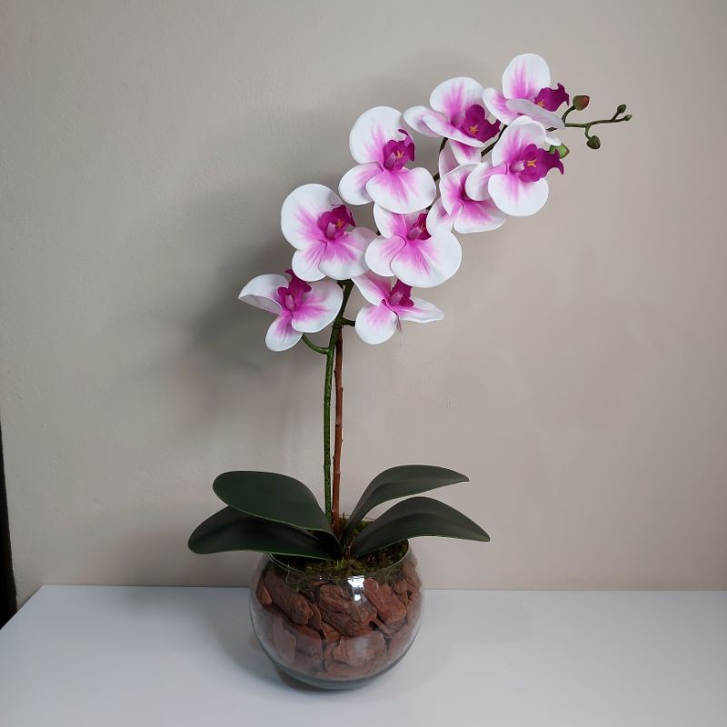 Arranjo de Orquídea de Silicone 3D Branca mesclada com rosa toque real no  vaso de vidro | Shopee Brasil