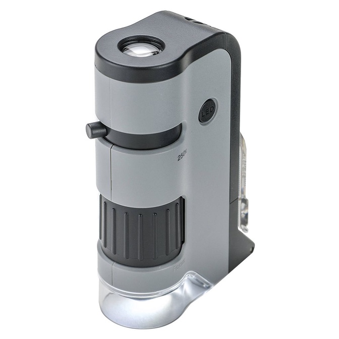 Microscópio de Bolso Carson MicroFlip 100x-250x c/ LED, lanterna UV e clip para Smartphone