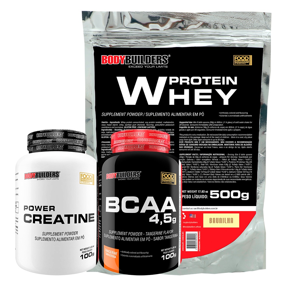 Kit Whey Protein Concentrado Refil 500g + BCAA 100g Sabor Tangerina + Power Creatina 100g - Bodybuilders Kit para academia e fitness