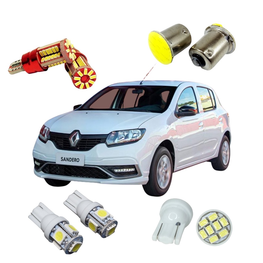 Kit Lâmpadas Led Super Branca Renault Sandero Logan Pingão T10 Teto Placa Ré Torpedo Farolete