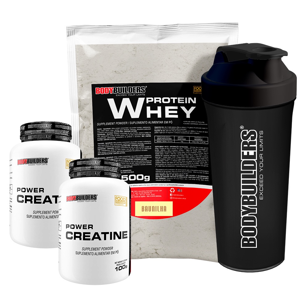 KIT Whey Protein 500g, 2x Creatina 100g, Coqueteleira - Bodybuilders