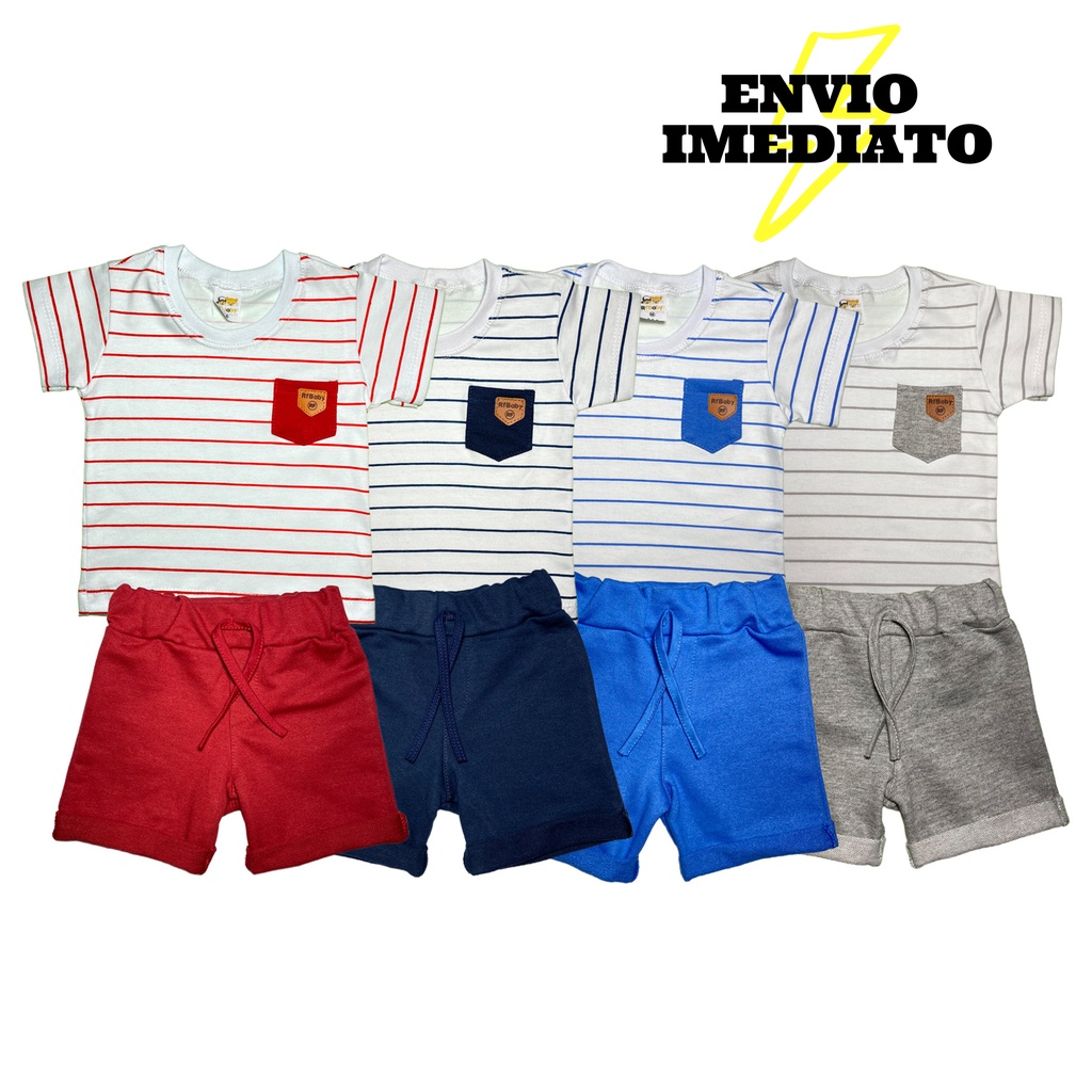 Conjunto Infantil Masculino Bebe Menino Roupa ate 1 Ano Moletom Verao Camisa e Bermuda Listrado