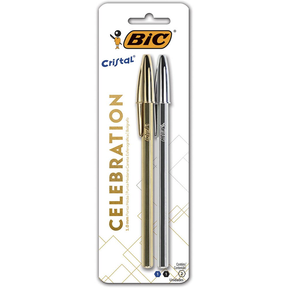 Caneta Bic Cristal Celebration Esferográfica Dourada E Prata