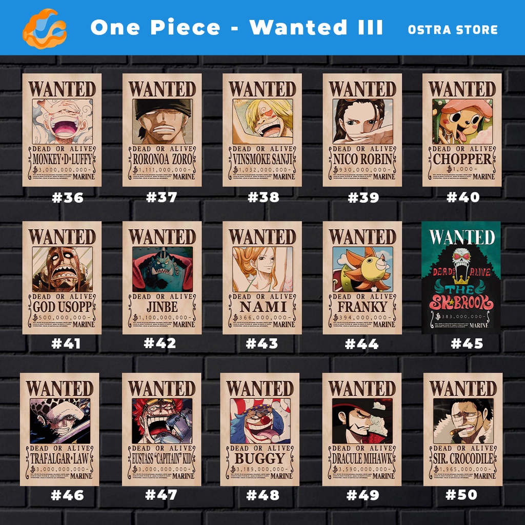 One Piece Wanted III de 36 a 50 - Placa decorativa MDF - 14x20 - Presente - Procurado - WANO - LUFFY YONKOU - NIKA - CROSS GUILD - recompensas novas - atualizadas - Mugiwaras - chapeus de palha