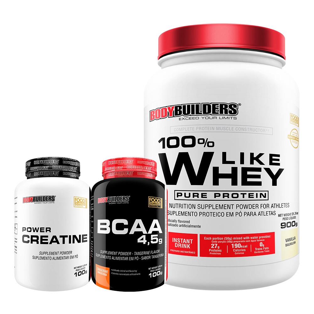 Kit 100% Like Whey Pure Protein 900g + Bcaa 4,5 100g + Power Creatina 100g - Para Alcançar Objetivos Fitness e Atléticos - Bodybuilders