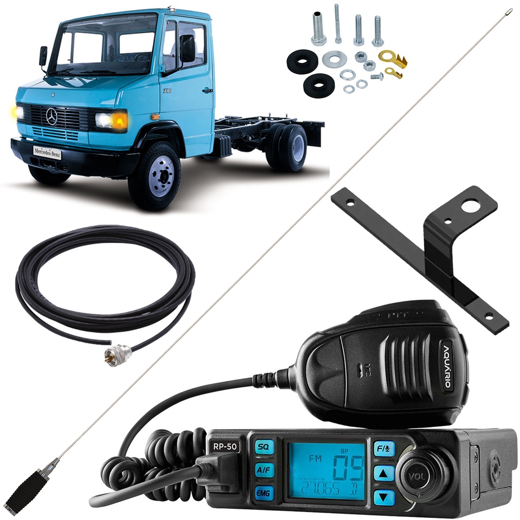 Rádio Móvel Px 80 Canais RP-50 Antena Inox 1,40 metros Cabo Coaxial 5,5m Suporte MB Mercedinho 709 710