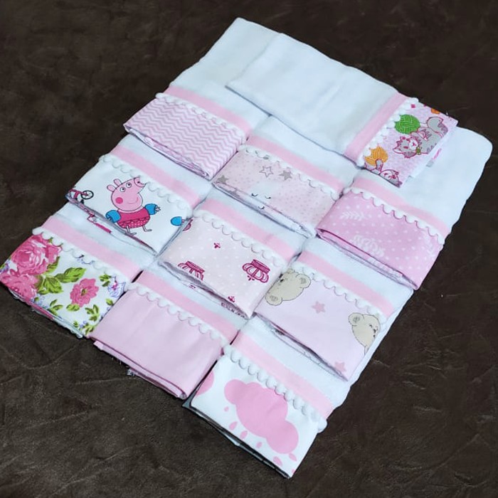 Kit 10x Babete Fraldinhas de Boca Pano de Boca Para Bebê Com Pompom Modelo Luxo 100% Algodão Várias Estampas