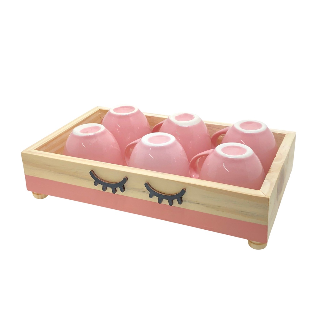 Jogo 6 Xícara Café Porcelana com Bandeja Rosa - Mundo da Porcelana