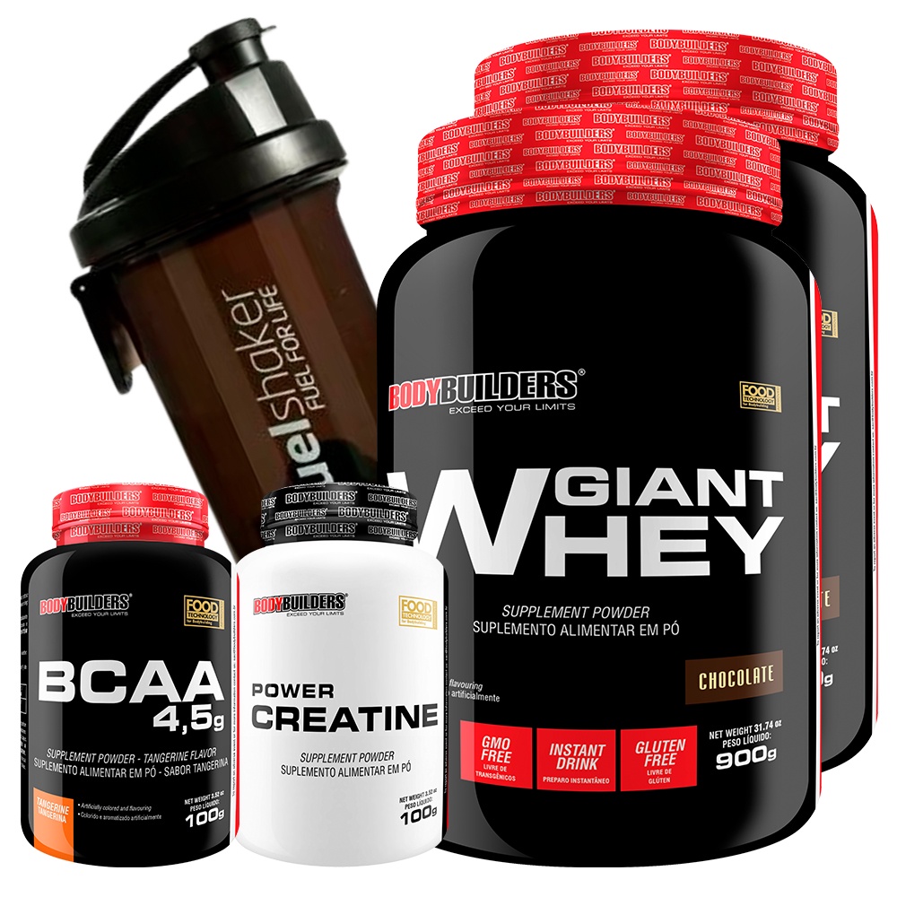 Super Kit 2 Giant Whey Protein 900g + Bcaa 100g + Creatina 100g + Shaker – Bodybuilders