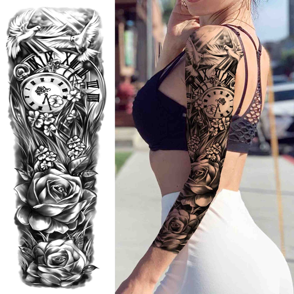 3D Clock Flower Full Arm Temporary Tattoos For Women Men Black Soldier Warrior  Tattoo Temporary Sticker Sleeve Fake Tatoos Decal | Shopee Brasil