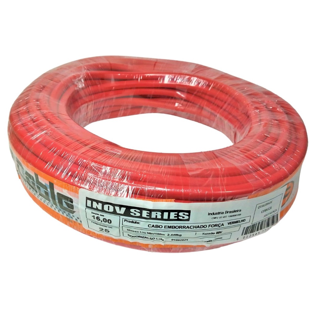 Rolo 25 Metros Cabo 16mm Emborrachado Flexível Vermelho Completo Para Som Automotivo Ambiente Instalação Carro 25m