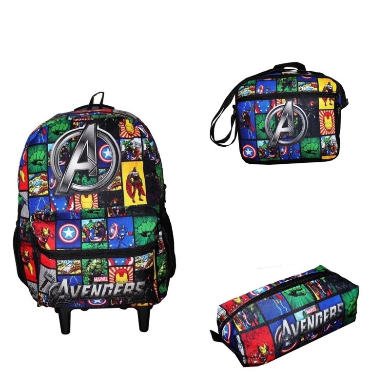 kit Mochila Os Vingadores carrinho e lancheira térmica e estojo