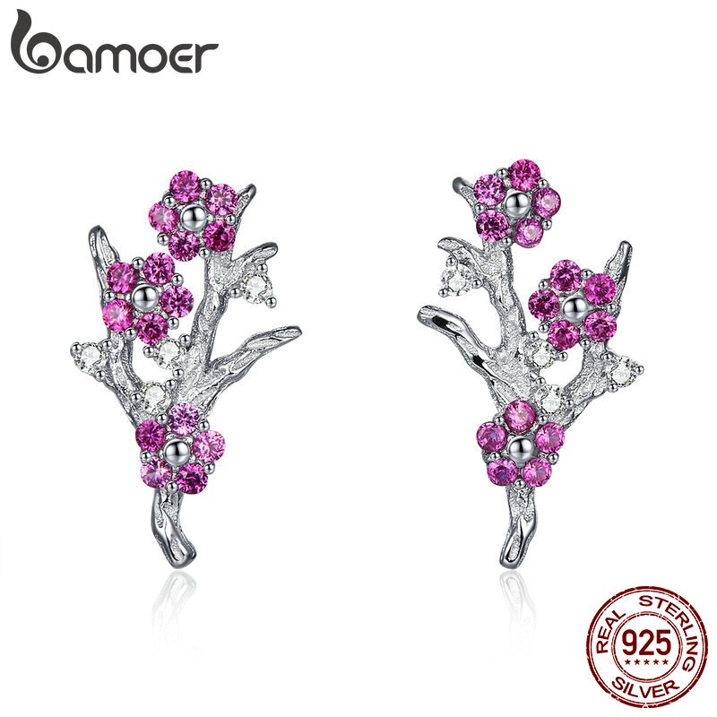 Bamoer Brincos De Tarraxa De Prata Esterlina 925 Blooming Ameixa Bse040 - Fashion Accessories
