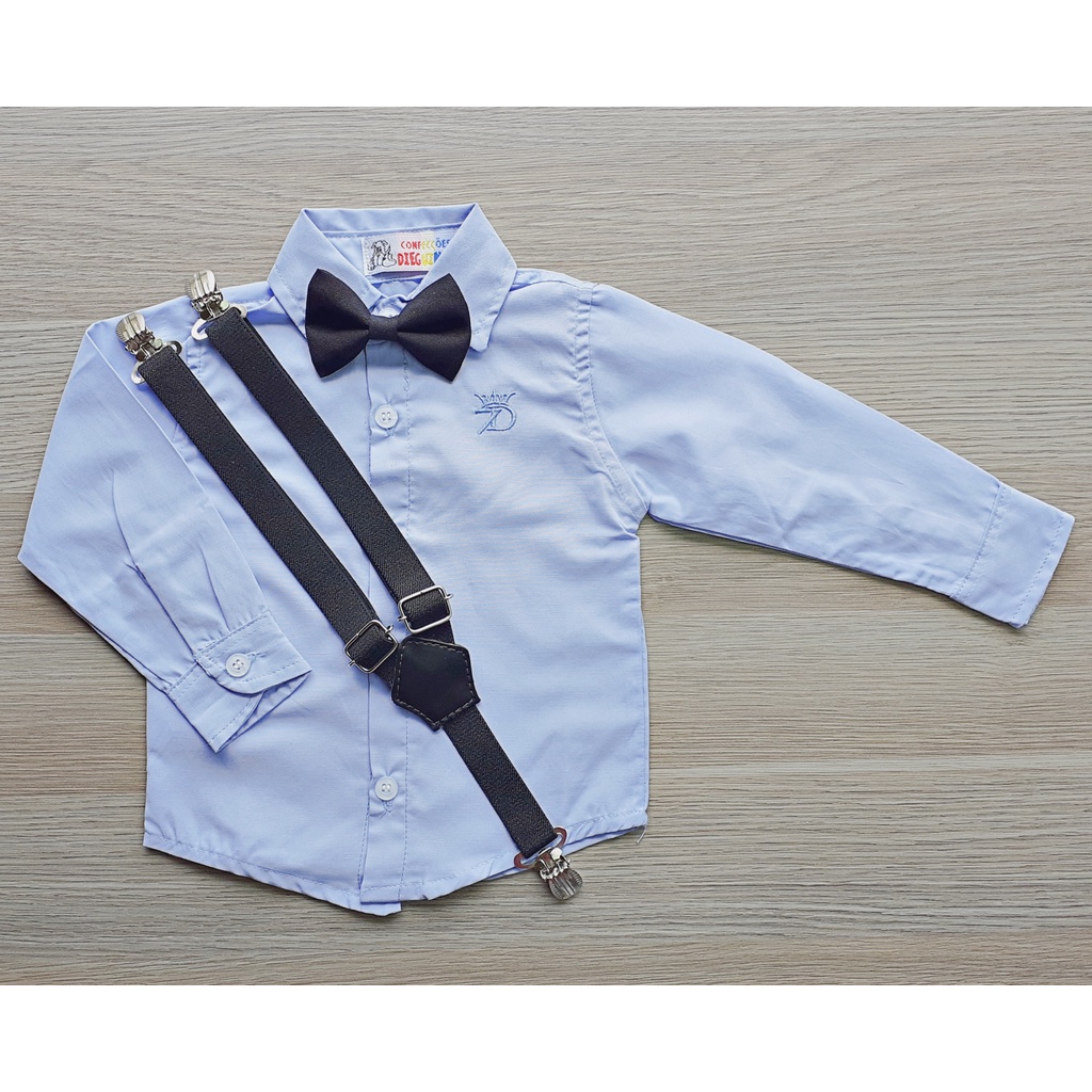Camisa Social Para Bebê Infantil e Juvenil Menino Com Gravata e Suspensório