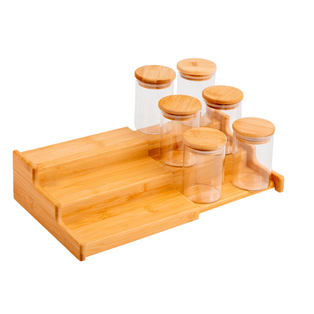 Detalhes do kit 6 potes 250ml tampa bambu e rack organizador bambu Oikos