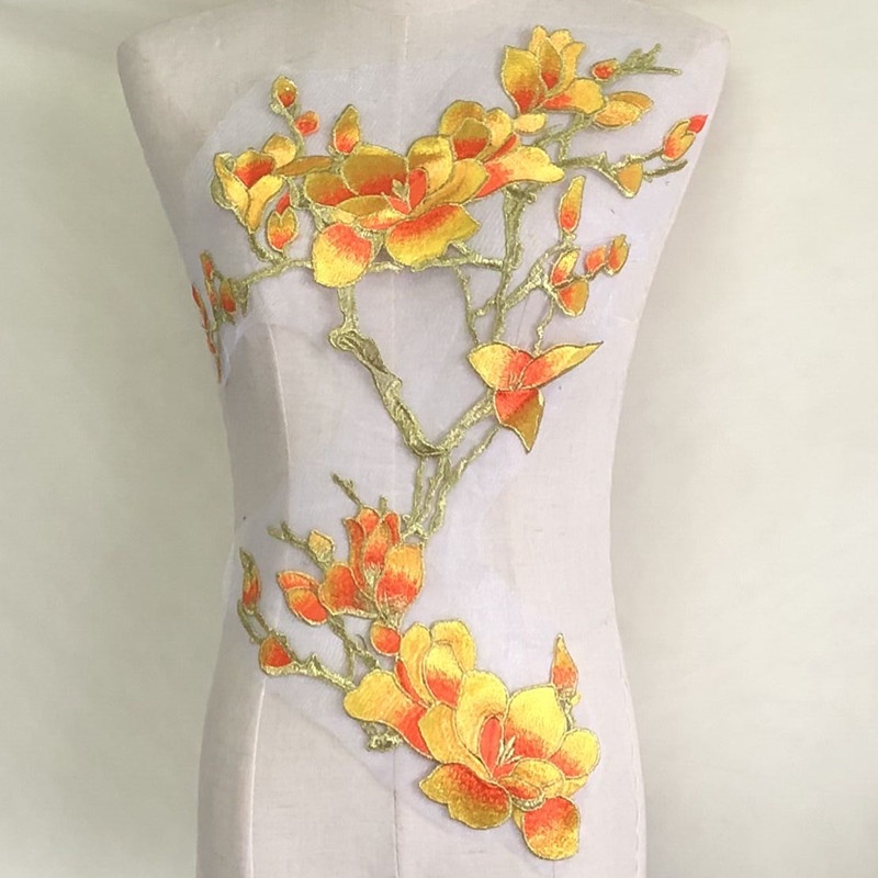 [SASKIA Grande Patch De Tecido De Gaze Magnólia Bordado Em De Flor Costurado À Mão Saia Decoração De Buraco DIY