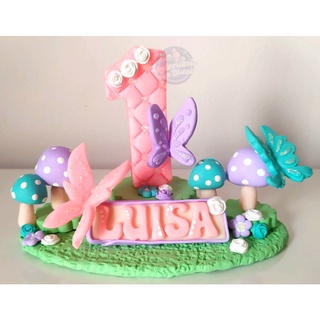 Vela Personalizada de Biscuit - Topo de bolo - Decoração Festa - Aniversário - Jardim Encantado com Cogumelos