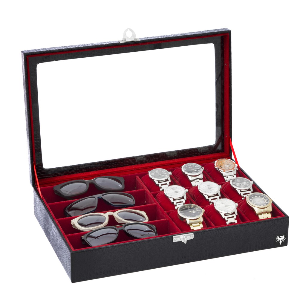 Porta 9 Relógios e 4 Óculos Total Luxo Estojo Couro Ecológico