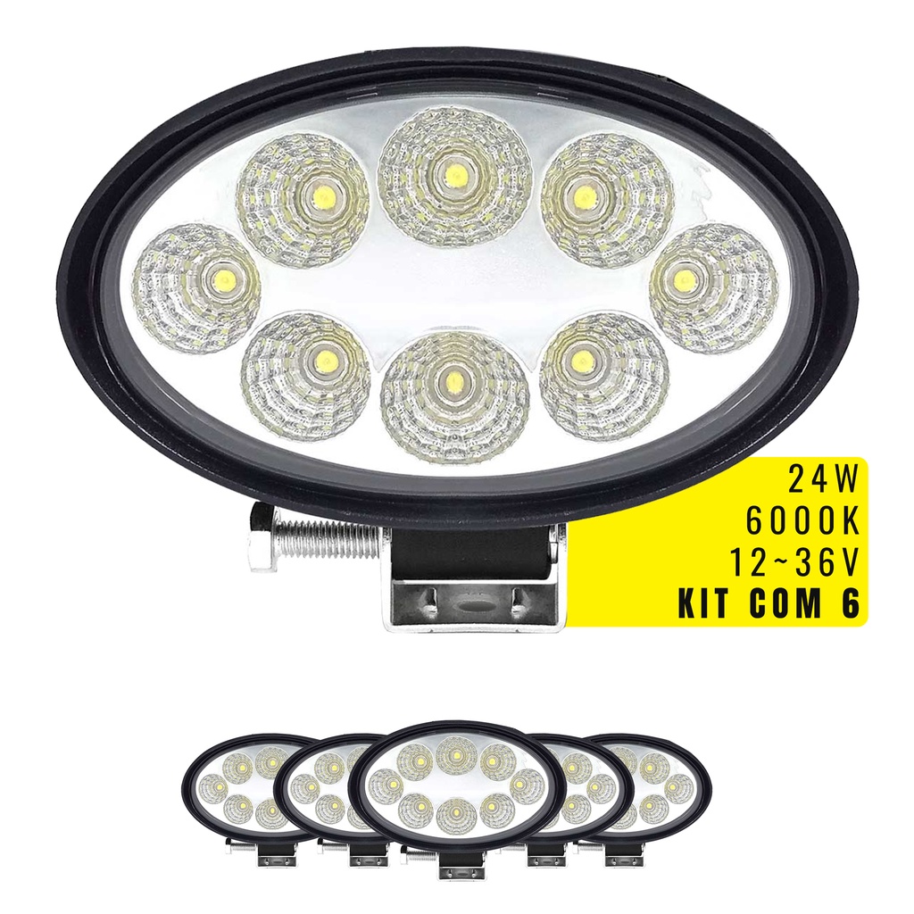 Kit 6 Farol Milha 8 Led 24w 12v 24v Oval Carro Trator