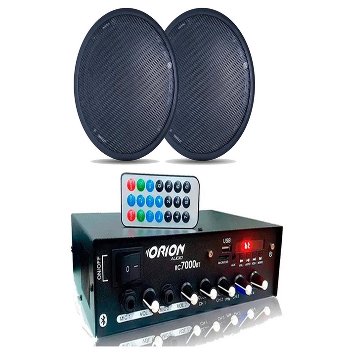 kit sim aMBIENTE ORION RECEIVER RC7000 500W + 16 ARANDELAS REDONDAS PRETAS 55 RMS CADA