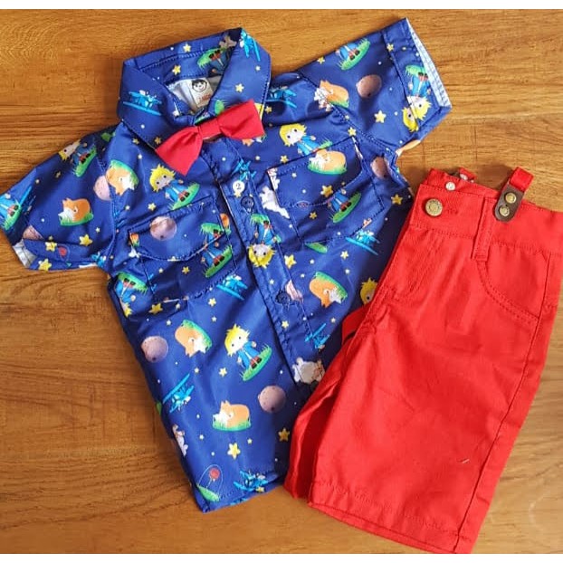 conjunto tematico  Menino Masculino - O Pequeno Príncipe - Bermuda com Suspensório + Camisa Temática + Gravata