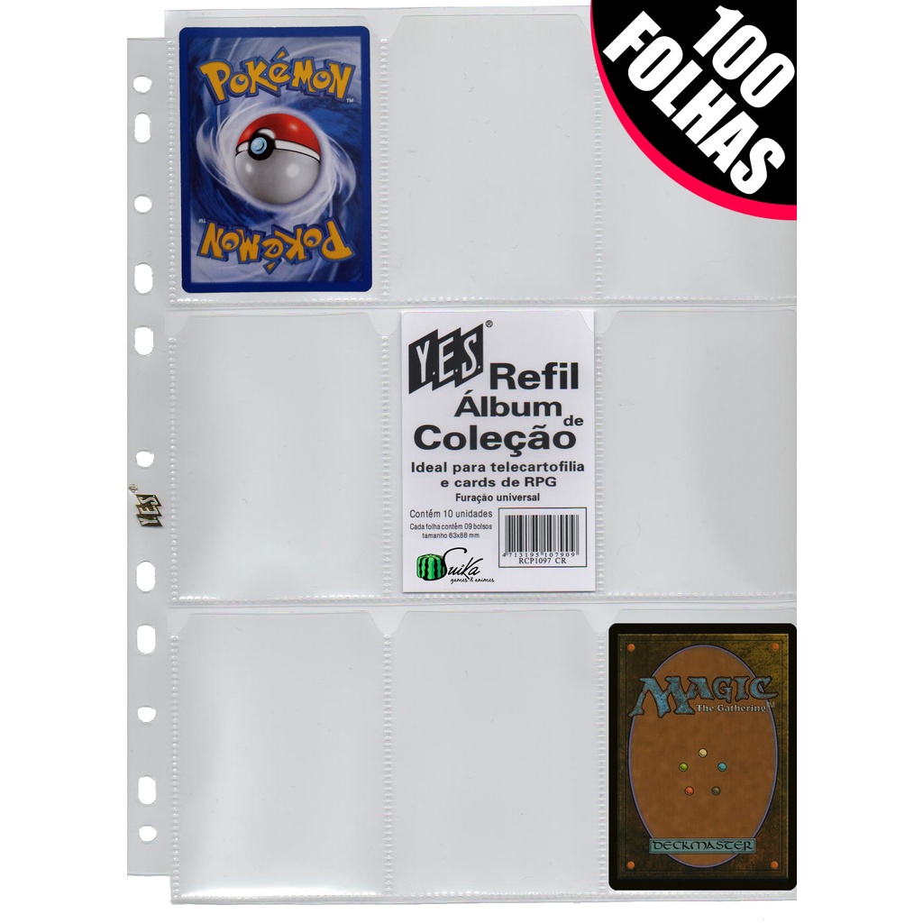 100 Folhas para Cards e Cartas para fichário pasta Álbum argola 11 Furos 9 Bolsos Pokémon Magic Yugioh RPG cardgame figurinhas coleção colecionável kpop futebol copa do mundo bts black pink dragon ball naruto