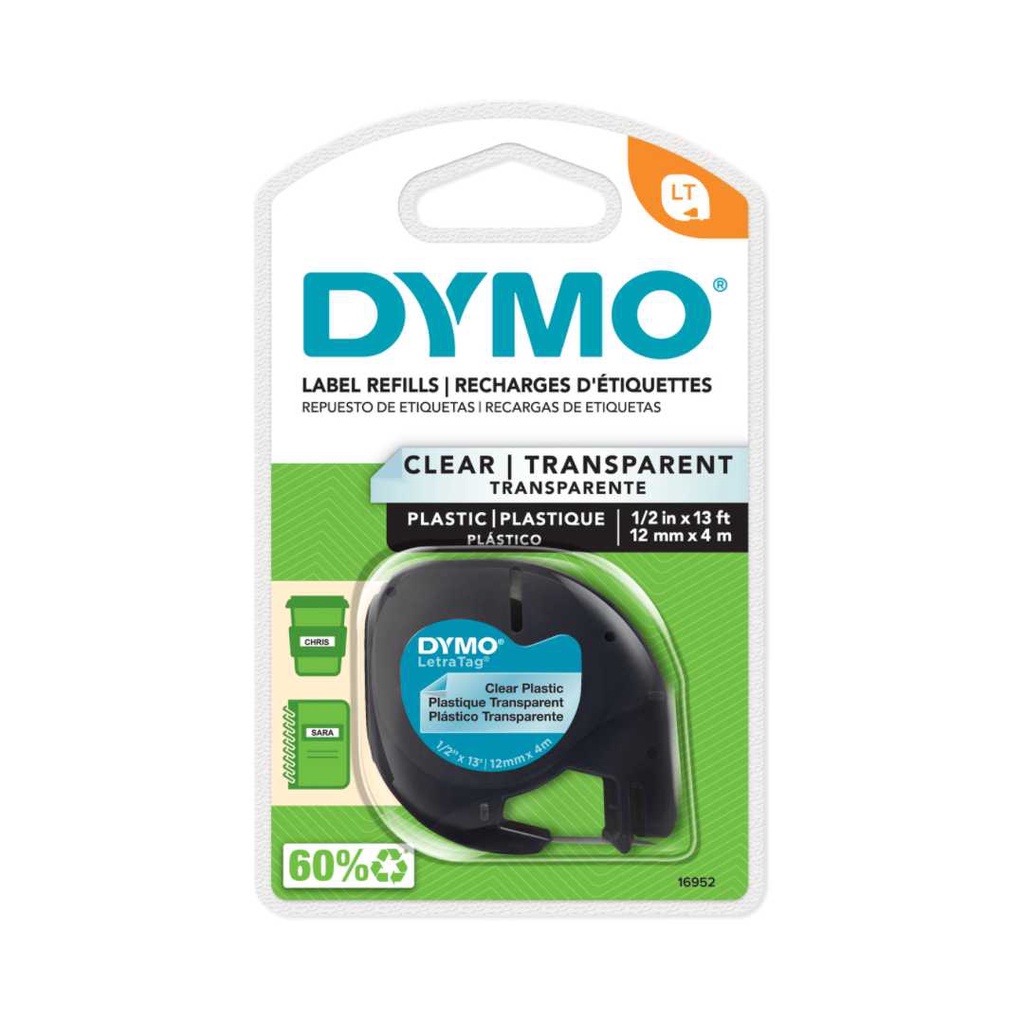 Fita plástica DYMO para rotulador eletrônico LetraTag transparente (12mm x 4m)
