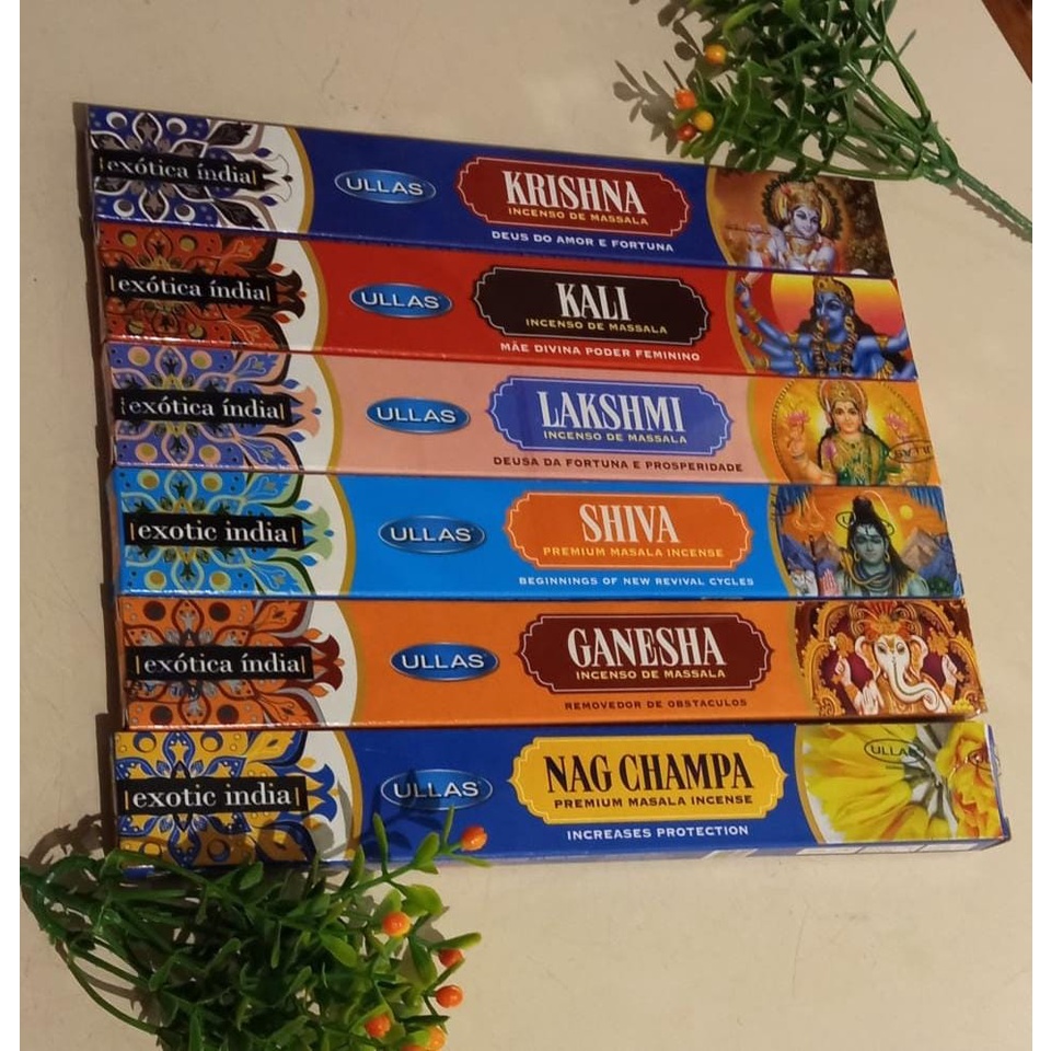 Incensos de Massala Indiano 7 Varetas - Kit com 6 Krishna, Kali, Lakshmi, Shiva, Ganesha, Nag Champa