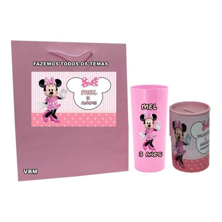 Kit C/ 15 Sacolinhas + 15 Copos Long Drink + 15 Cofrinhos Lembrancinha Aniversário Personalizado