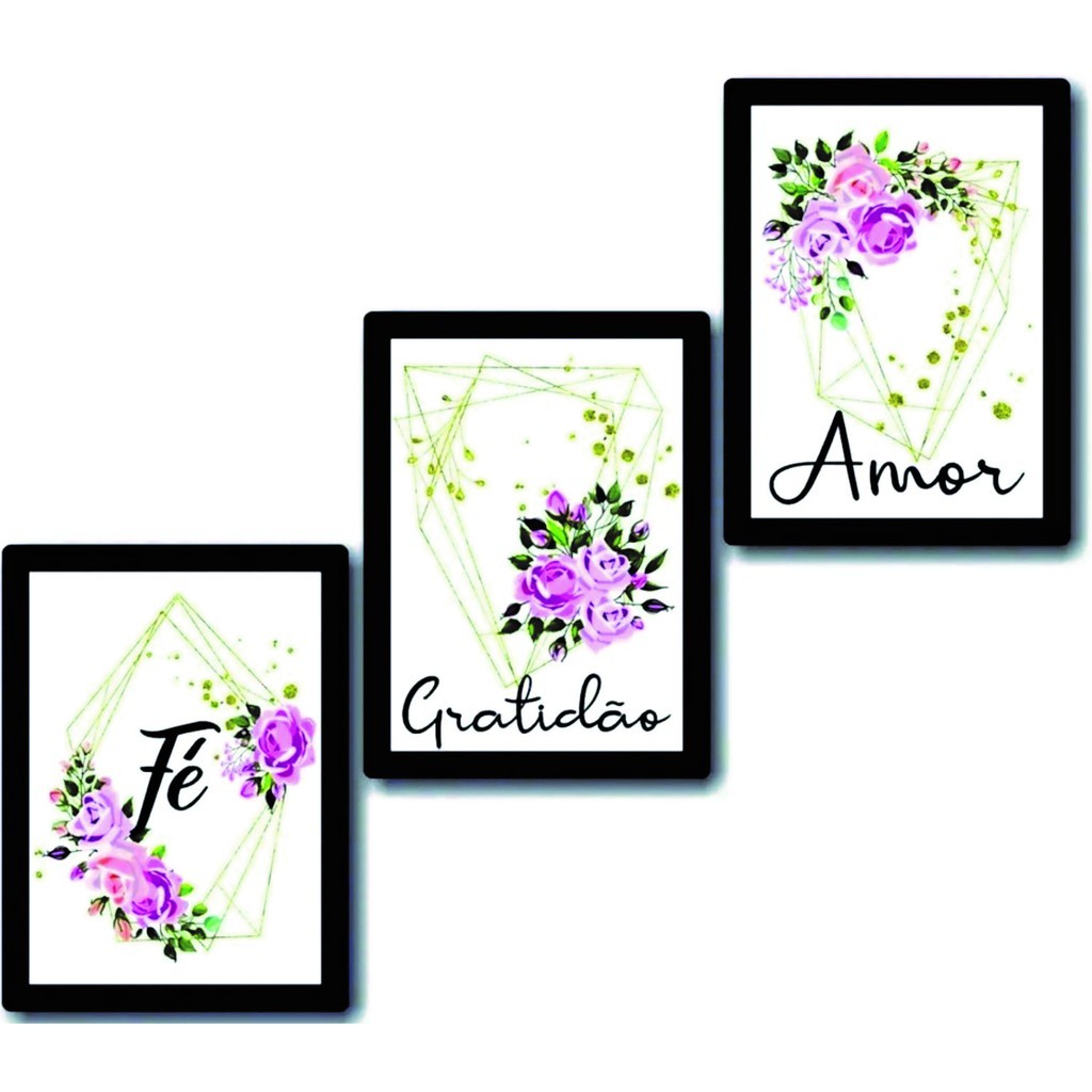 Placas Decorativas 3 peças Fé Amor Gratidão Flores Lilás Folhagem sala quarto cozinha