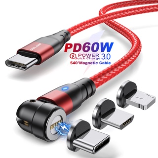 Uslion PD60W Lâmpada Diamantada Cabo Magnético Cabo Magnético de Carregamento de Telefone Móvel Três em Um Cabo Magnético de Dados de Dobra 540 Graus 3A