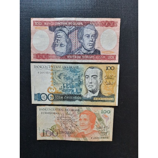 03 cédulas do Brasil 100 cruzeiros 100 cruzados e 100 cruzados novos  Mbc