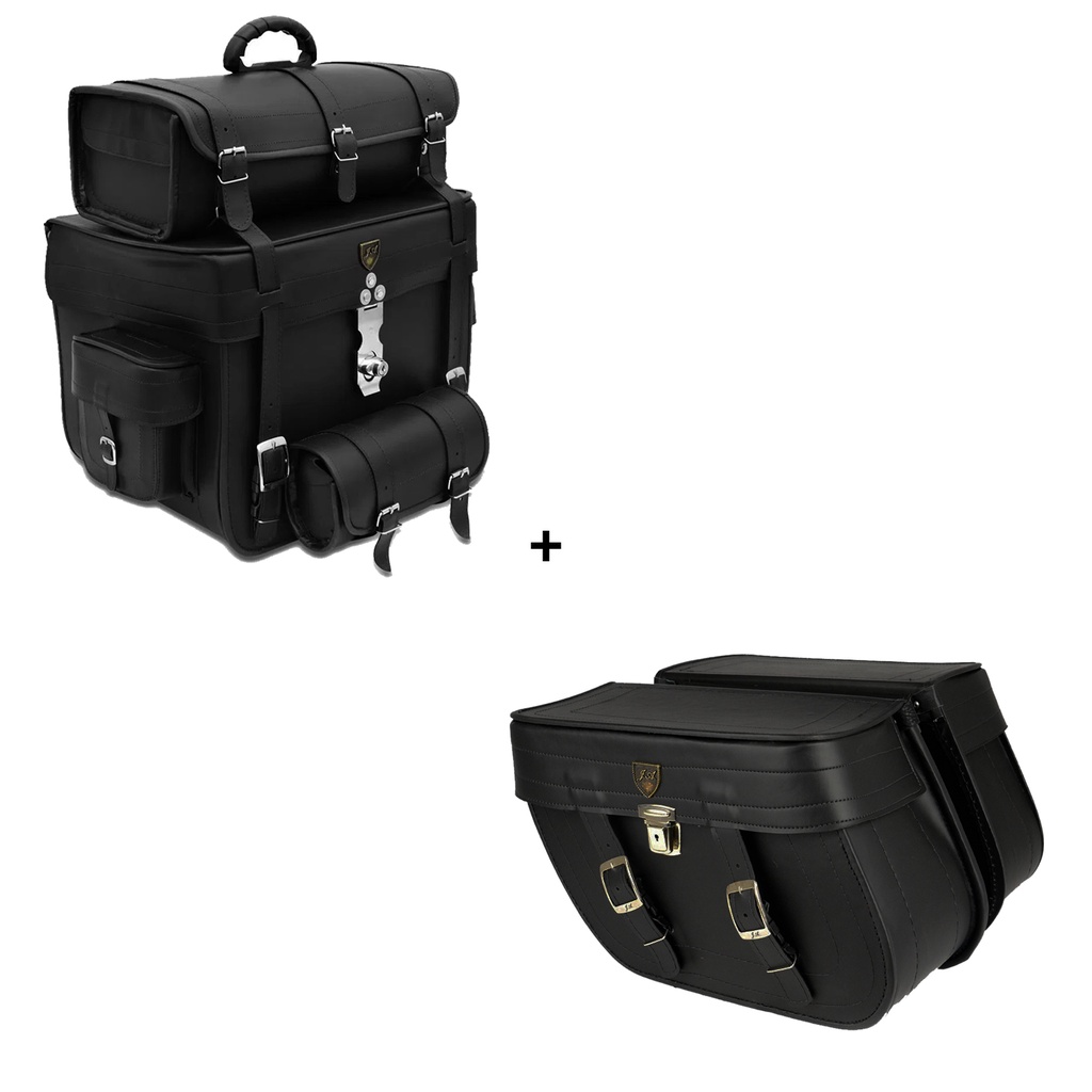 Kit Viagem Alforge Traseiro 62 Litros C/ Fechadura Trava em Couro Sintético Liso + Alforge Lateral Losango 32 Litros em Couro Sintético C/ Liso e Chave Tranca