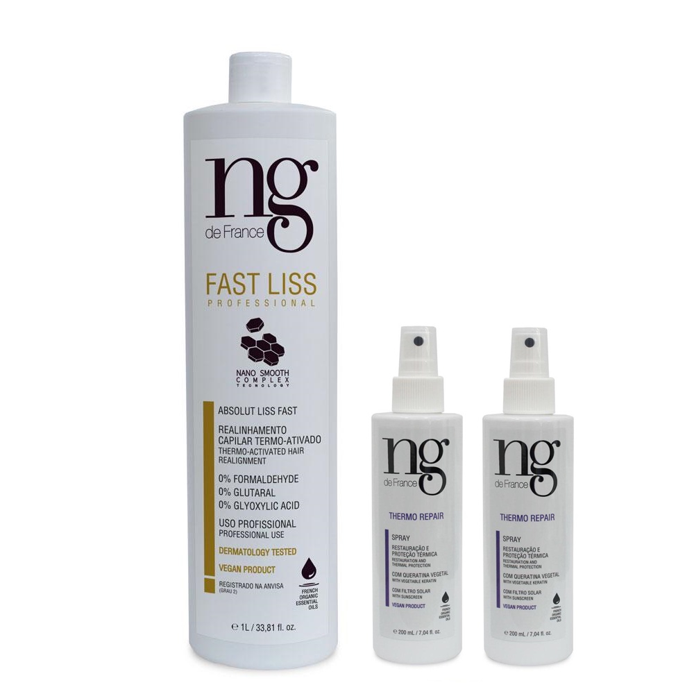 Ng De France Fast Liss Realinhamento Alisamento Escova Progressiva + 2 Unid. Spray Thermo Repair Protetor Térmico 200ml