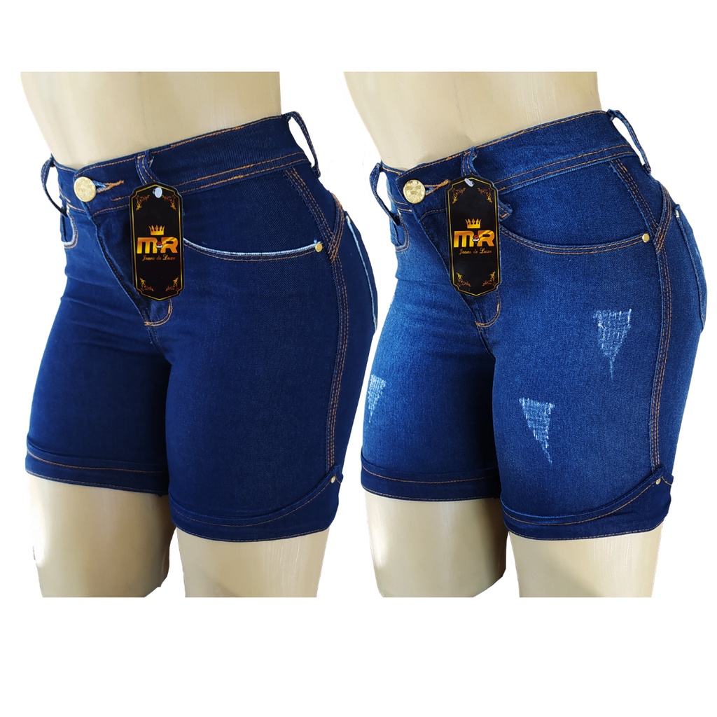 Kit 2 Shorts Jeans Com Lycra Cintura Alta Bermuda Cós Alto Meia Coxa