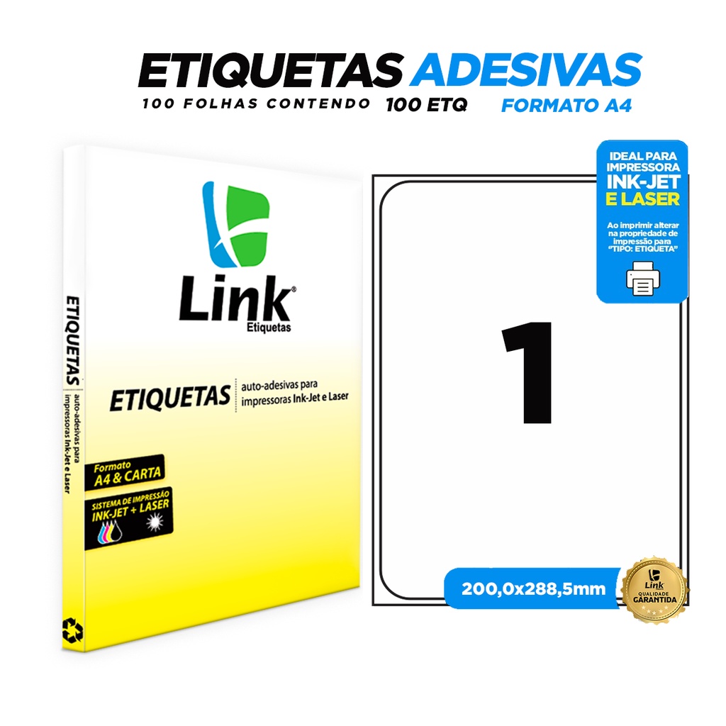 Etiqueta Adesiva A4 200,0mm x 288,5mm 100 Folhas - Link Etiquetas em Oferta na Shopee