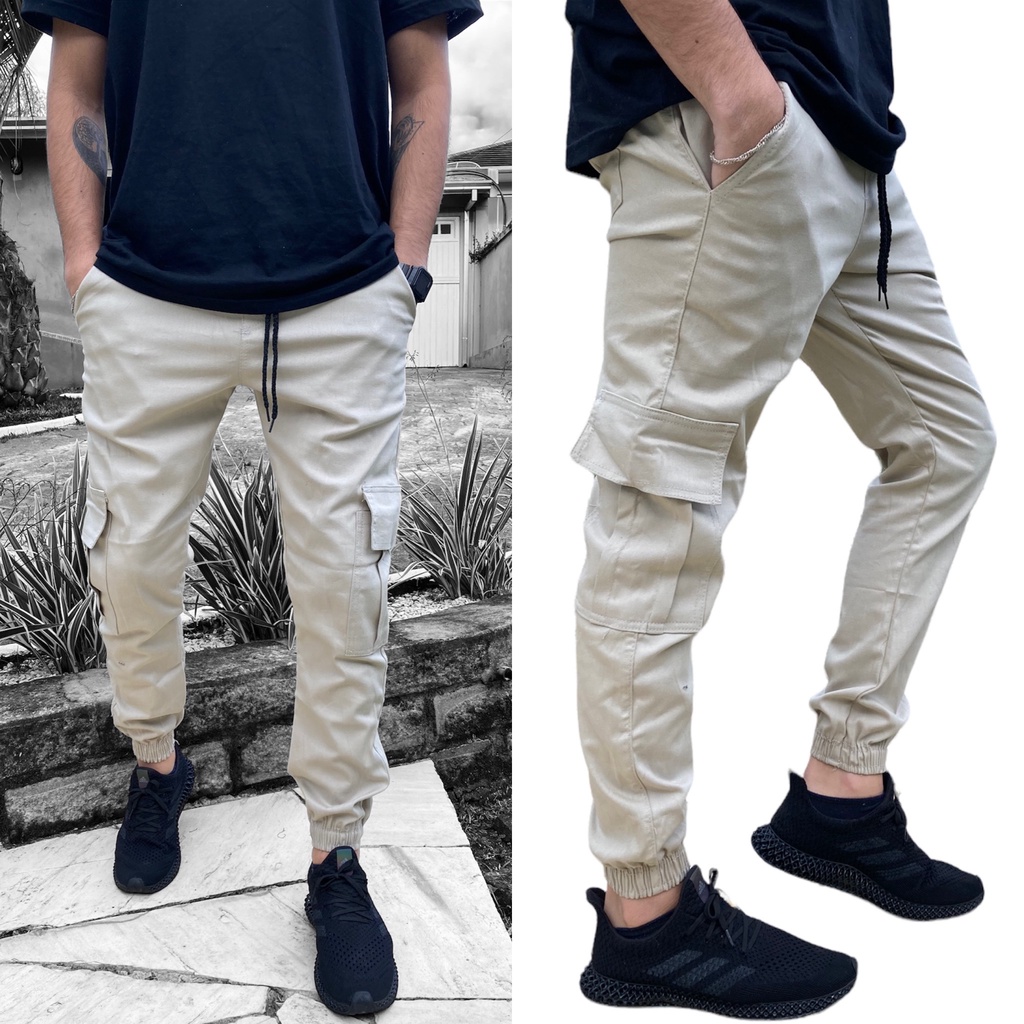 Calça Cargo Jogger Masculina Sarja Com Punho Preta, Bege