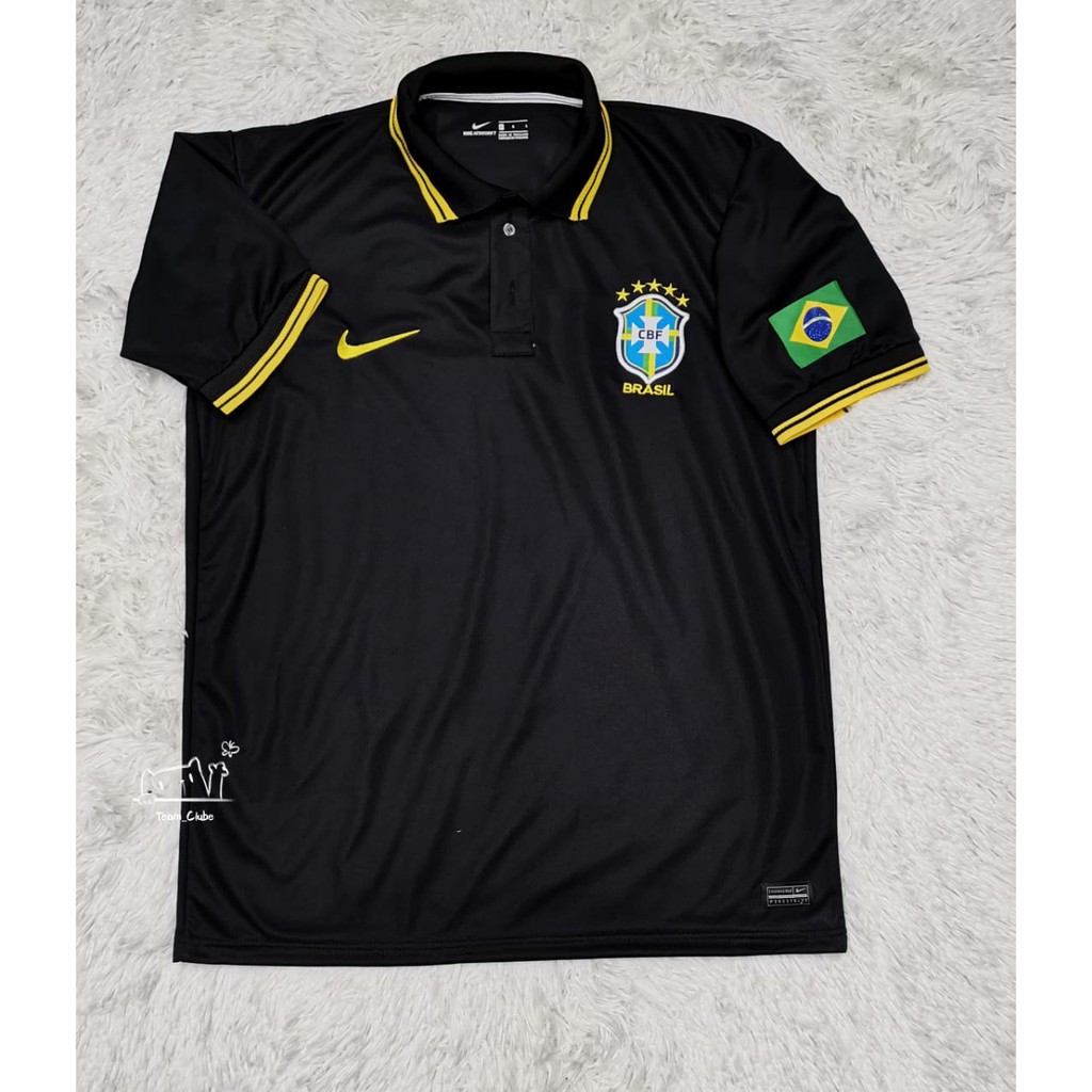 Camiseta de Time Futebol Masculino Seleção BRASIL Preta Gola Polo