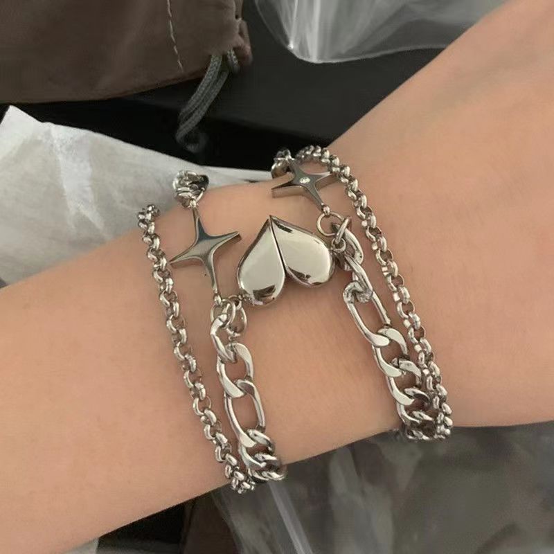 2PCS/Conjunto Moda Casal Pulseiras Magnéticas De Coração Para Mulheres Amantes Pulseira Ajustável Estrela Metal Corrente Combinando Jóias