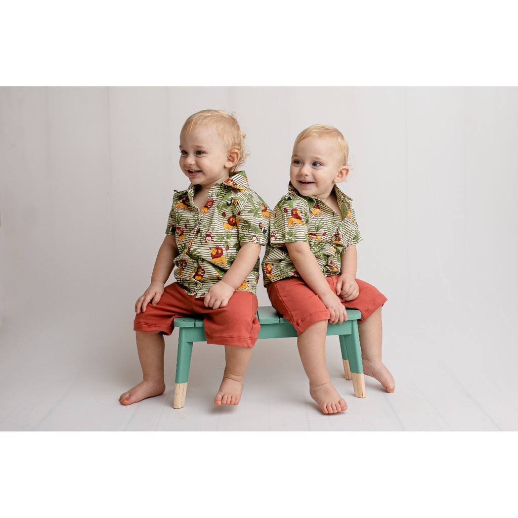 CONJUNTO MENINO SHORT E CAMISA LEÃO (1 SHORT TERRA, COM  1 CAMISA  PALHA COM VERDE )