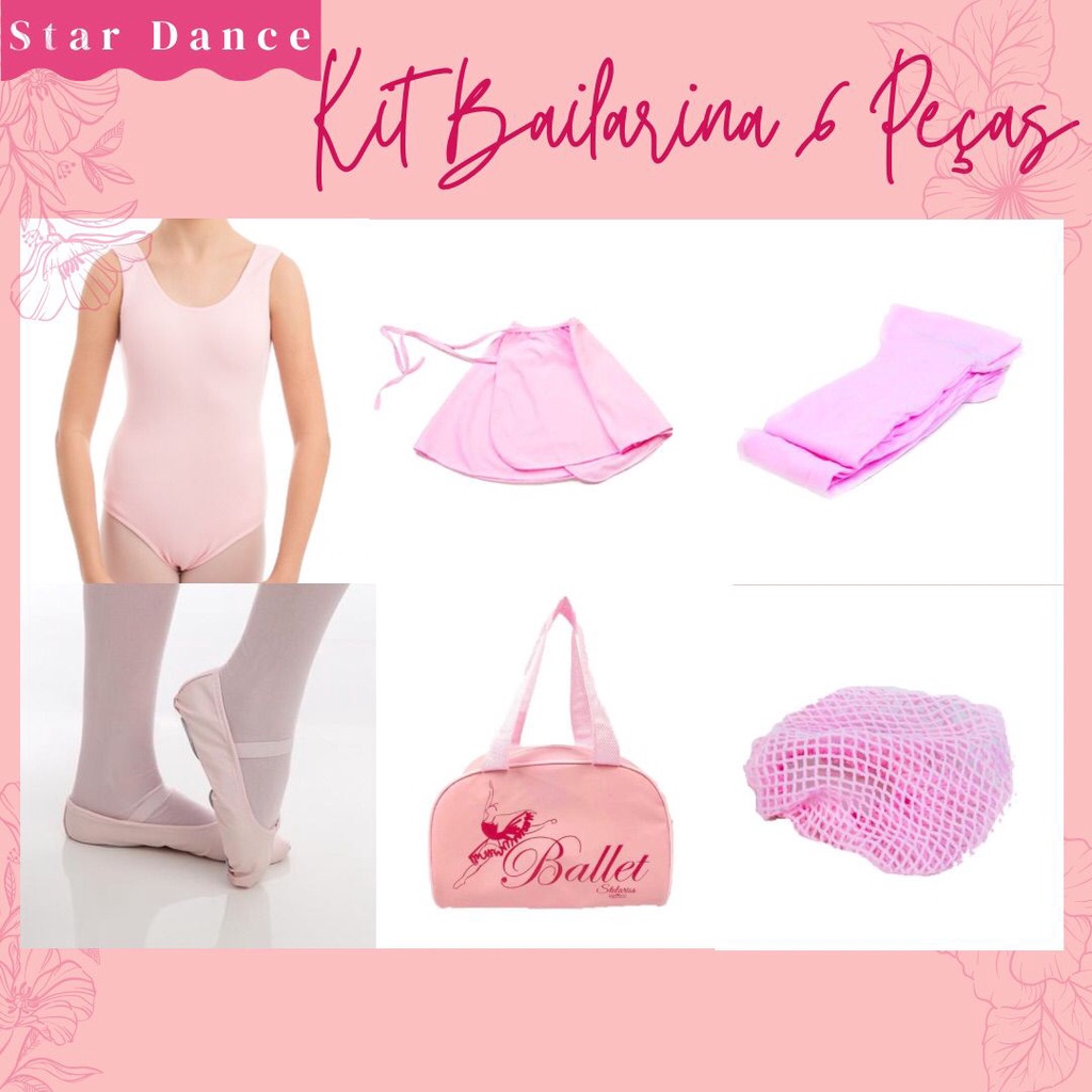 Kit Ballet-Collant Regata+saiaTranspassada+meia+sapatilha+bolsa+redinha-Body De Ballet-Roupa De Balé