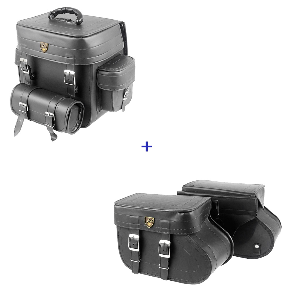 Kit Viagem Alforge Traseiro 29 Litros em Couro Sintético Liso + Alforge Lateral Botinha 18 Litros Couro Sintético Liso