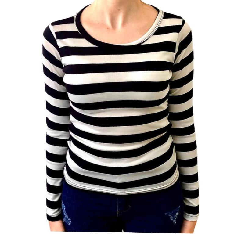 Blusa manga longa gola redonda LISTRADA 96% algodão 4% elastano. em Oferta na Shopee