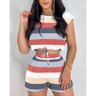 2022 Novo Estilo Moda Casual Listrada Estampada Feminina Umbigo Camiseta Top E Short Reto Cor Sólida