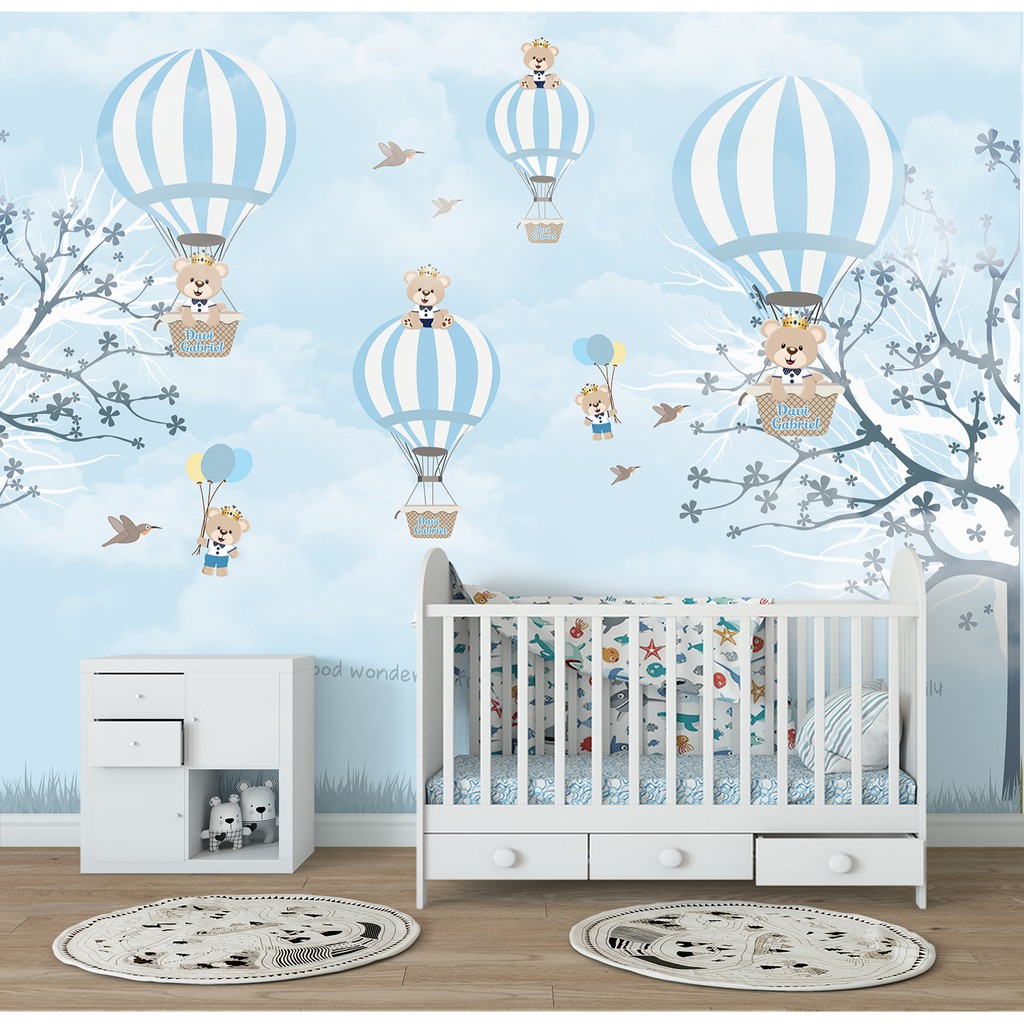 Papel de Parede Infantil Urso Balões Azul Soft Baby Quarto de Menino Personalizado em Oferta na Shopee