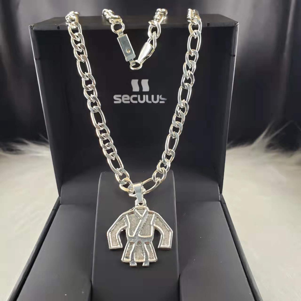 moda colar aço inox com acessórios prata corrente de prata masculino feminino Pingente Kimono Faixa Preta em Moeda Antiga