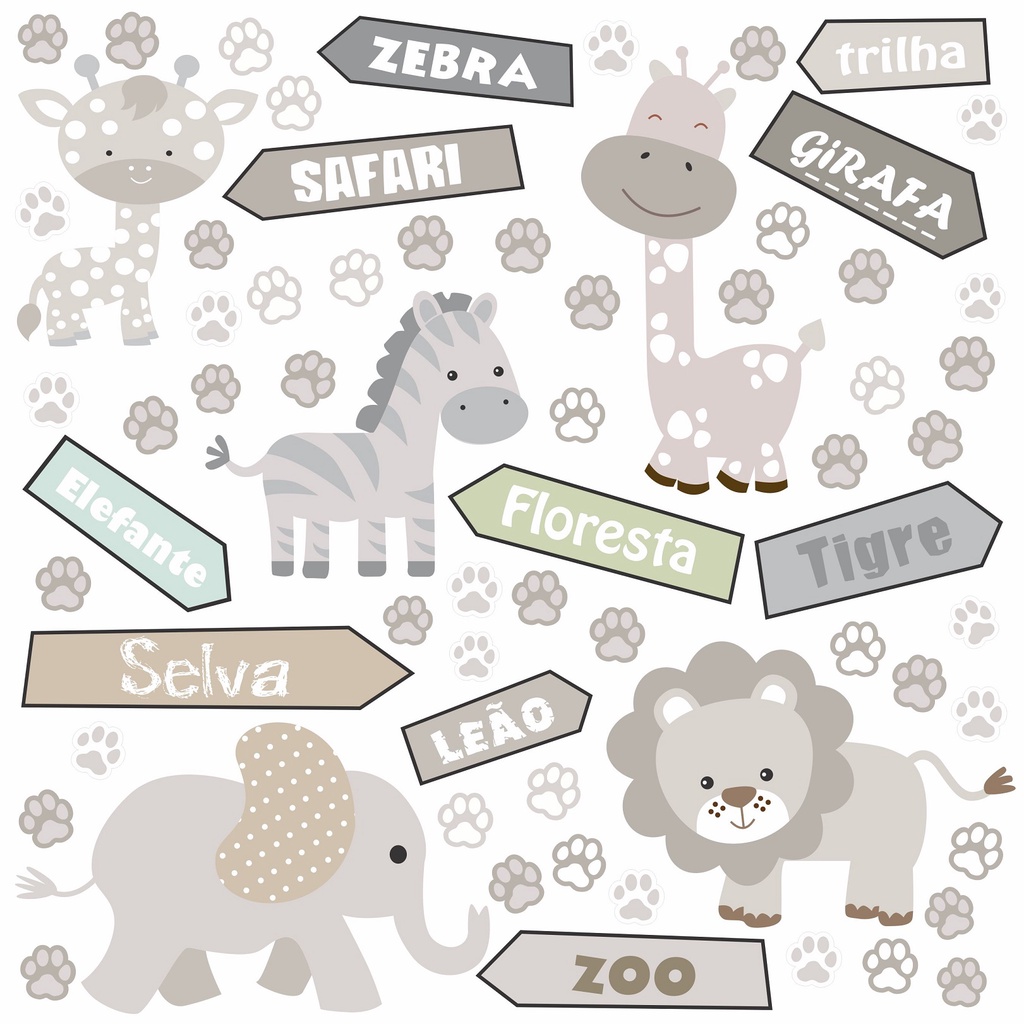 Adesivo de Parede Infantil Zoo Safari Animais Patinha Placa Leão C66