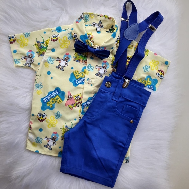 Conjunto Temático Bob Esponja Completo - Contendo Camisa, Short, Suspensório + Gravata.