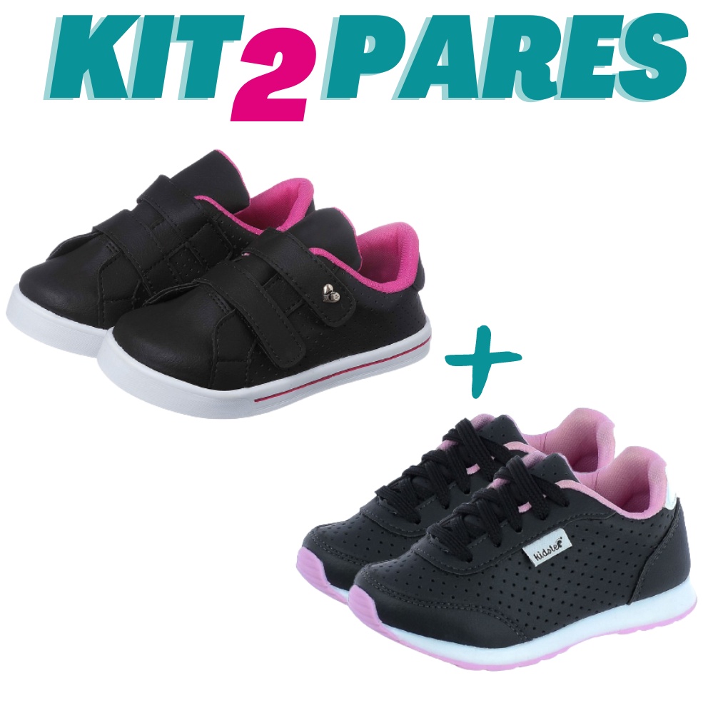 Kit 2 Pares de Tênis Infantil Feminino Menina Casual Preto e Jogging Kidstep em Oferta na Shopee